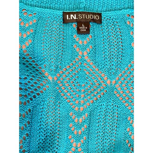 I.N. STUDIO Cardigan Sweater Blue Ramie Cotton Short Sleeve Open L Crochet - Picture 3 of 5